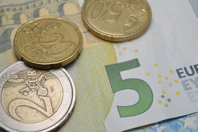 Close-up of coins on paper