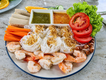 High angle view of food in plate on table