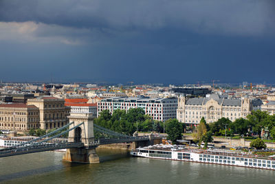 Bridge over river in city against cloudy sky