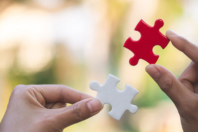 Cropped hands of woman holding jigsaw pieces