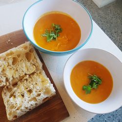 High angle view of soup served on table