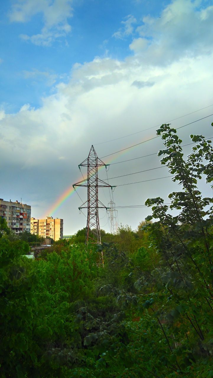 LOW ANGLE VIEW OF ELECTRICITY PYLON BY TREES AGAINST SKY