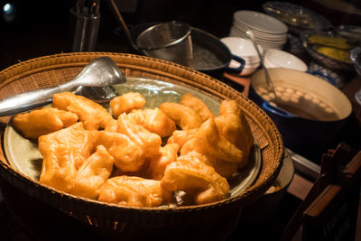 High angle view of seafood in container on table