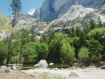 Scenic view of trees and mountains against sky