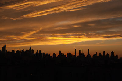 Silhouette urban skyline against cloudy sky during sunset