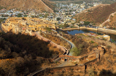 Aerial view of jaigarh fort and mountains