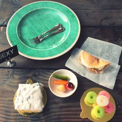 High angle view of food in plate on table