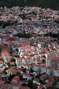 High angle view of houses in town