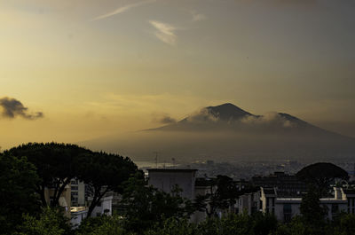 High angle view of buildings against sky during sunset