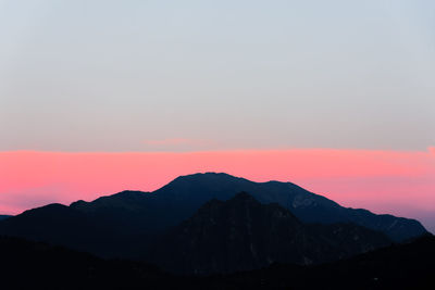 Scenic view of silhouette mountains against sky during sunset