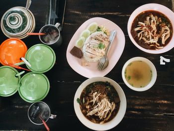 High angle view of meal served on table