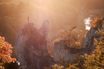 Scenic view of rock formation amidst trees during autumn