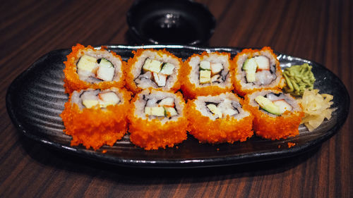 High angle view of sushi in plate on table