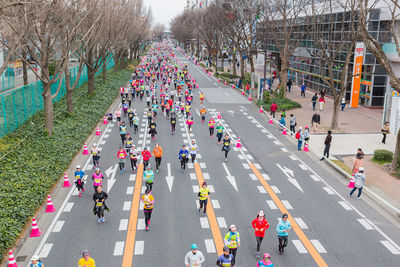 High angle view of people on road in city