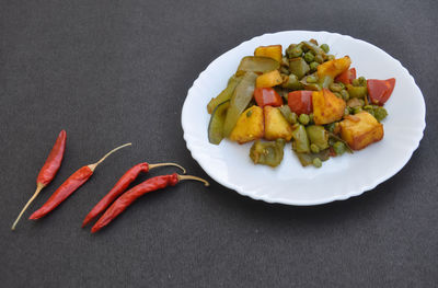 High angle view of salad in plate on table