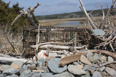 Lobster traps by stones against landscape
