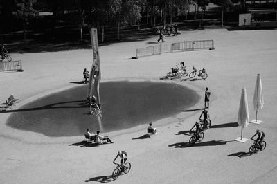 High angle view of people on street