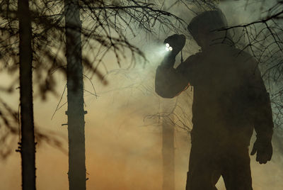 Silhouette man standing by bare tree in forest