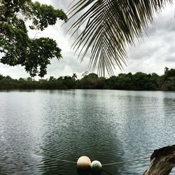 Scenic view of lake against cloudy sky