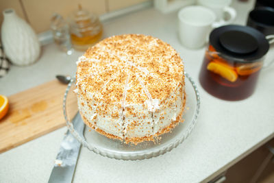 High angle view of cake in plate on table