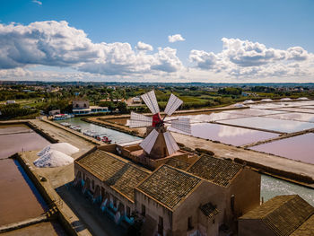 High angle view of traditional windmill against sky