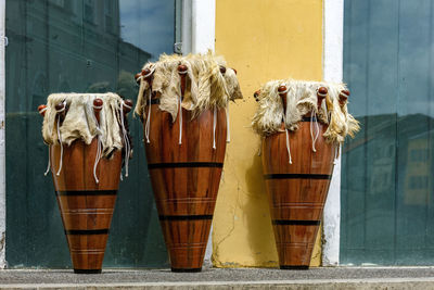 Ethnic drums also called atabaques on the streets of pelourinho district, city of salvador in bahia