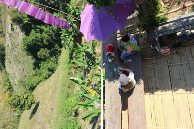 People with dog sitting on wooden table