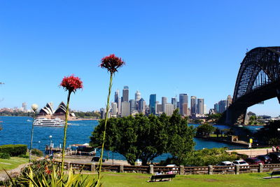 Scenic view of city against clear blue sky