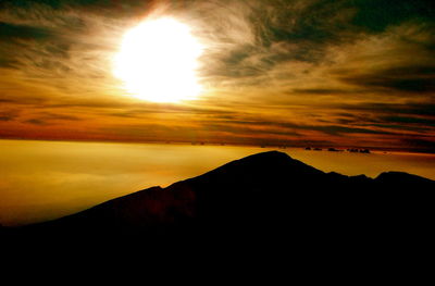 Scenic view of mountains against sky at sunset