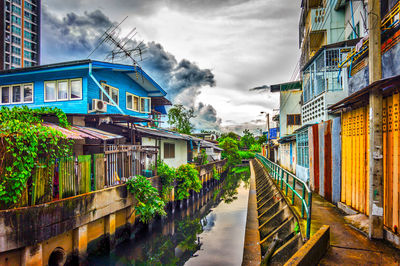 Houses in city against cloudy sky
