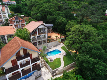 High angle view of buildings in forest