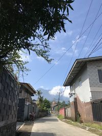 Road amidst trees and buildings against sky