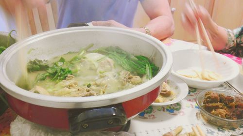 High angle view of soup in bowl on table