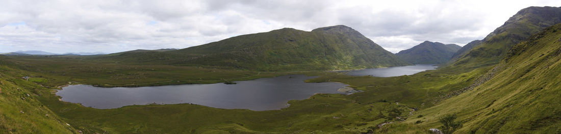 Panoramic view of lakes in doolough valley and adjacent mountains