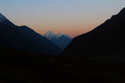 Scenic view of mountains against sky during sunset