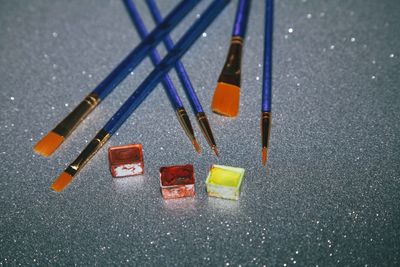 High angle view of multi colored pencils on table