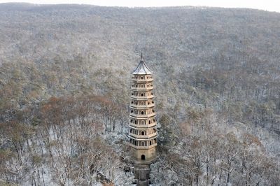 High angle view of illuminated building