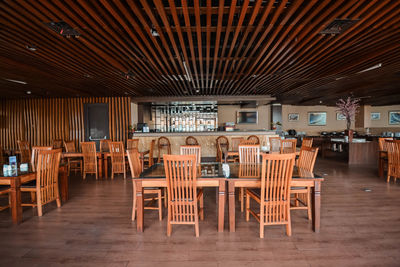 Empty chairs and tables in restaurant