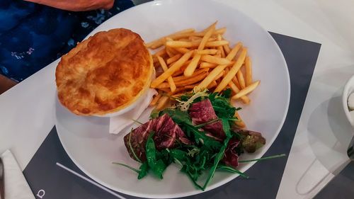 High angle view of food served on table