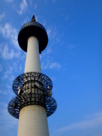 Low angle view of water tower against blue sky