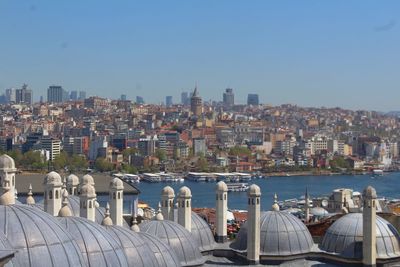Panoramic view of river and cityscape against clear sky