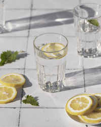 Fresh summer cocktail with lemons and mint. summer drinks and vacation concept. sunny day shadows