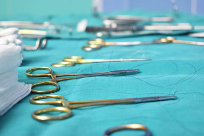 Close-up of surgical equipment on table