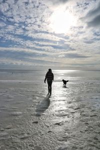 Silhouette people walking on beach against sky