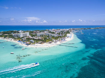 High angle view of beach against blue sky