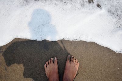 Low section of woman standing on shore at beach