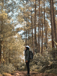 Rear view of woman walking in forest