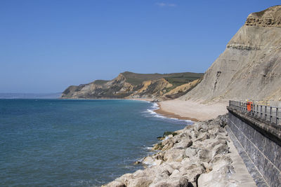 Scenic view of sea against clear blue sky