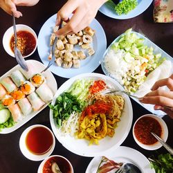 High angle view of people eating food