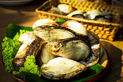 High angle view of fish in plate on table